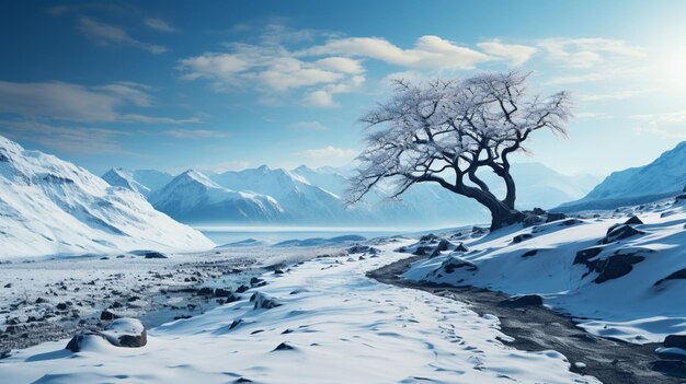 Un seul arbre solitaire sur la neige en hiver Montagne de neige en arrière-plan