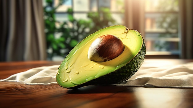 Un seul avocado mûr repose sur une surface de bois rustique