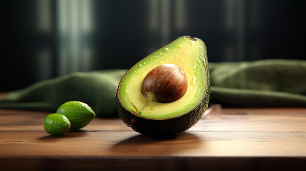 Un seul avocado mûr repose sur une surface de bois rustique