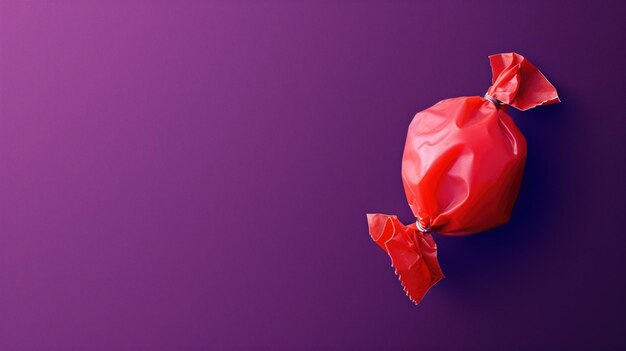 Photo un seul bonbon rouge enveloppé dans du cellophane brillant sur un fond violet