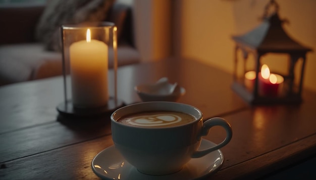 un seul café et une bougie allumée dans un café atmosphérique avec un intérieur charmant et confortable