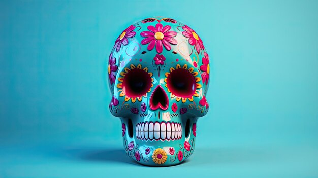 Un seul crâne de sucre ou Catrina sur un fond ou un papier peint aqua