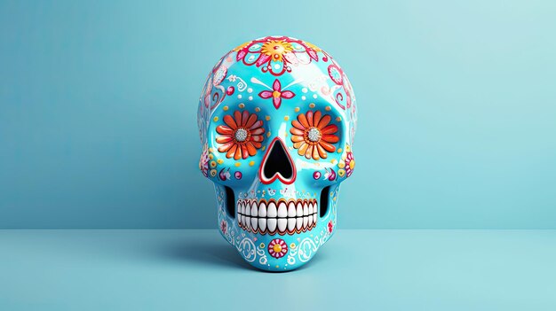 Un seul crâne de sucre ou Catrina sur un fond ou un papier peint cyan clair