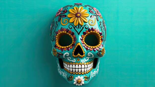 Photo un seul crâne de sucre ou catrina sur un fond ou un papier peint turquoise