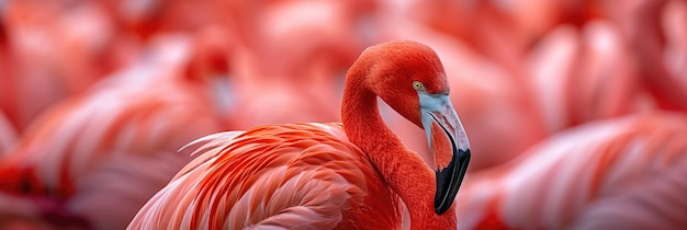 Un seul flamant rouge en vue avec un plumage de corail parmi les troupeaux