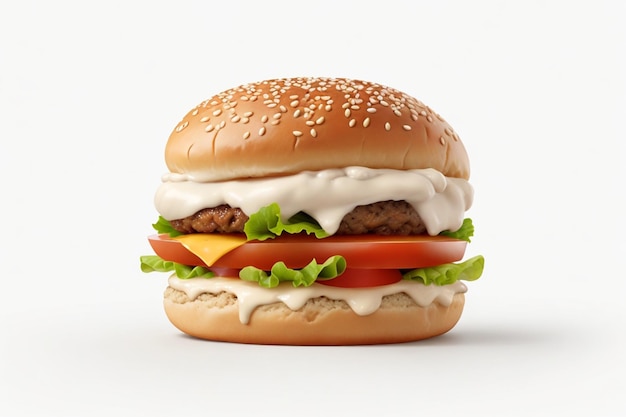 Un seul hamburger isolé sur un fond blanc Un hamburger frais à la restauration rapide avec du bœuf et des fromages à la crème