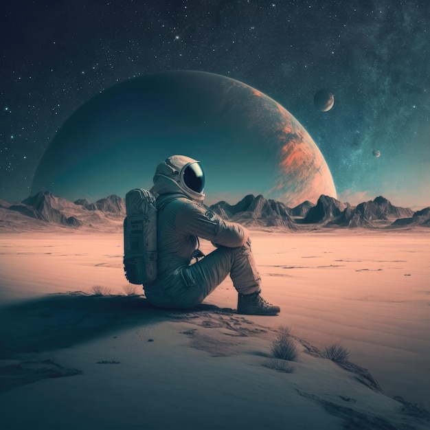 Photo seul homme avec costume d'astronaute dans un univers solitaire