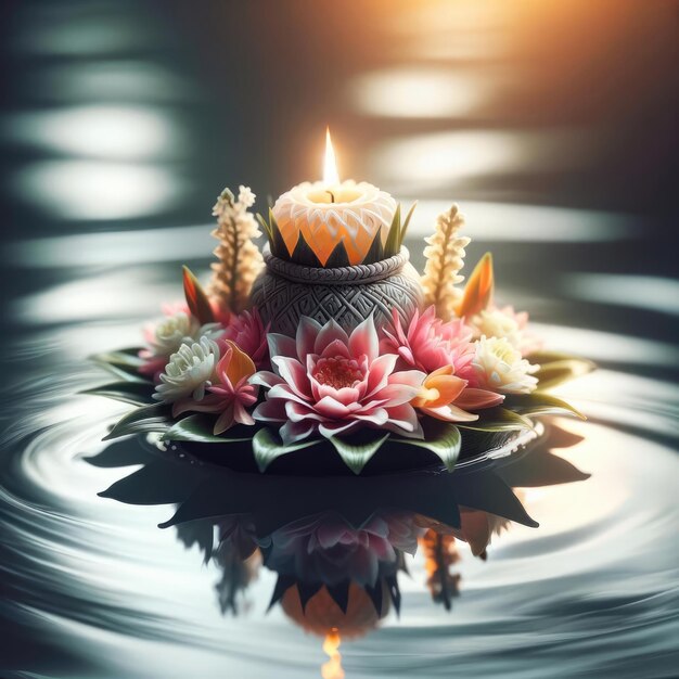 Photo un seul krathong de conception complexe avec des fleurs fraîches vibrantes et un ca brillamment clignotant