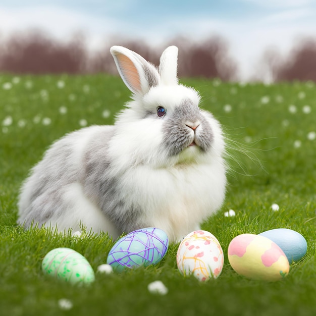 Seul lapin Angora anglais poilu assis sur l'herbe verte avec des oeufs de pâques