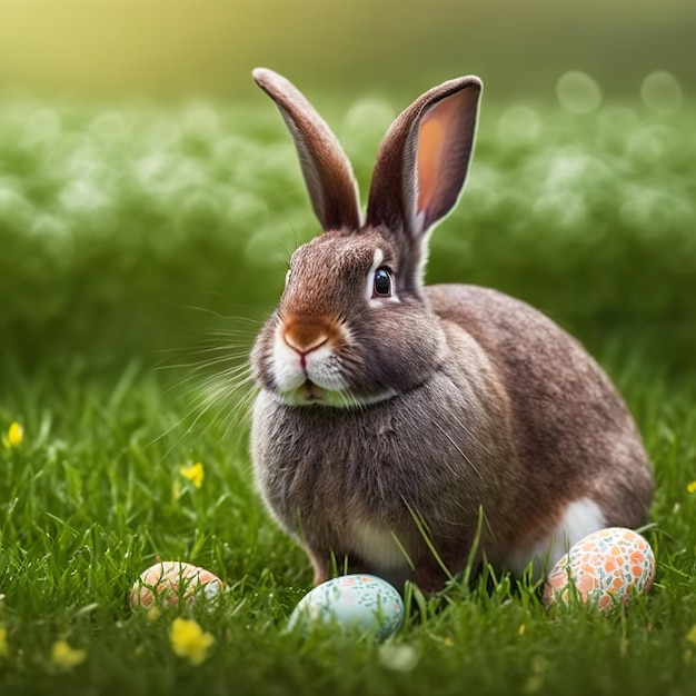 Seul lapin belge à fourrure calme assis sur l'herbe verte avec des oeufs de pâques