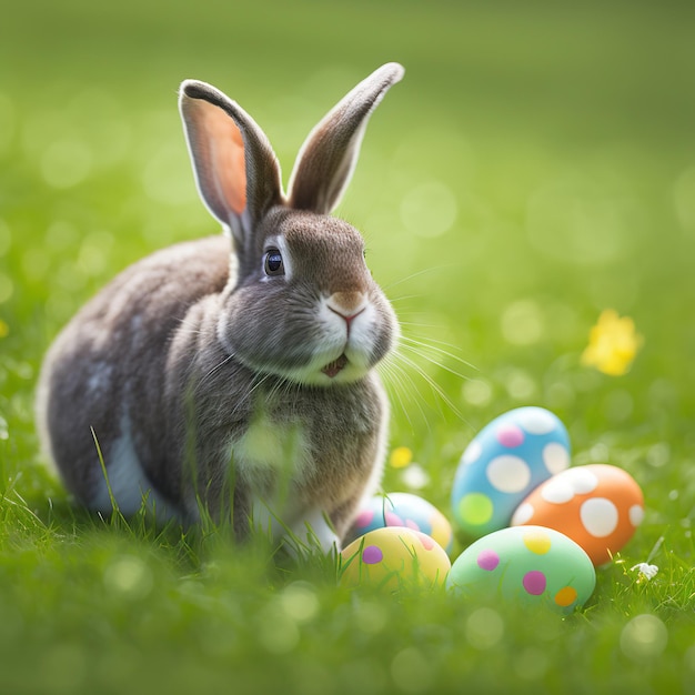 Seul lapin Jeresey Wolly à fourrure calme assis sur l'herbe verte avec des oeufs de pâques