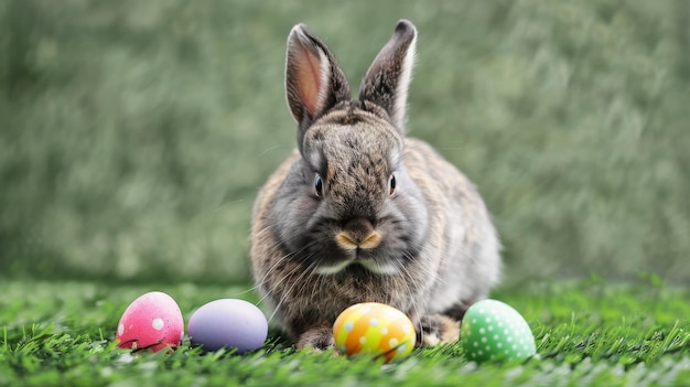 Un seul lapin rex à poil calme assis sur l'herbe verte avec des œufs de Pâques