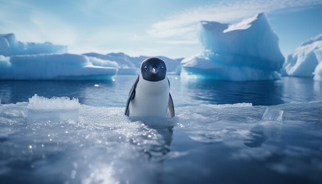 Photo un seul pingouin se tient sur le front de glace. l'arrière-plan est un iceberg. gros plan d'animaux.