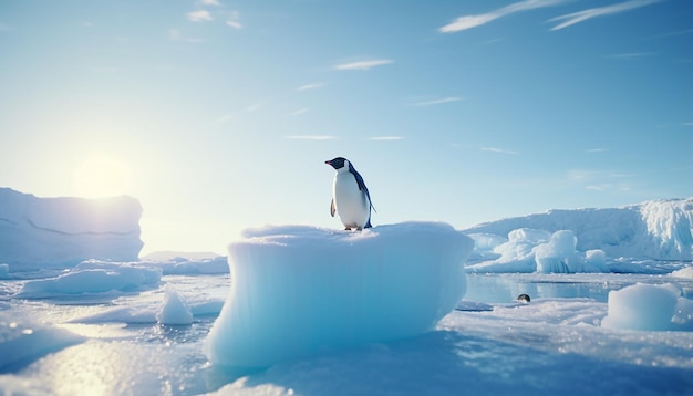 Photo un seul pingouin se tient sur le front de glace. l'arrière-plan est un iceberg. gros plan d'animaux.