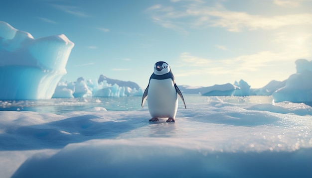 Photo un seul pingouin se tient sur le front de glace. l'arrière-plan est un iceberg. gros plan d'animaux.