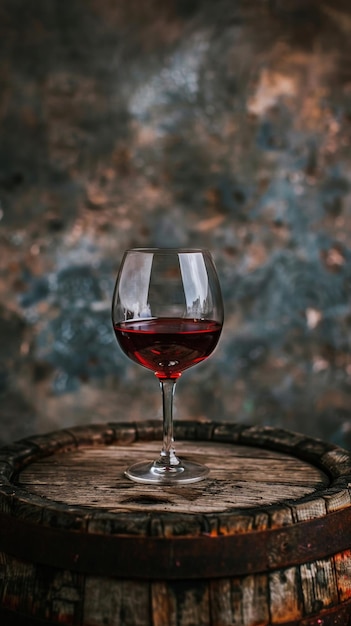 Un seul verre de vin rouge à côté d'un baril de bois rustique sur un fond sombre