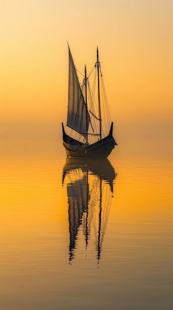 Un seul voilier se dresse sur un fond doré gradient sa forme reflétée dans l'eau calme en dessous