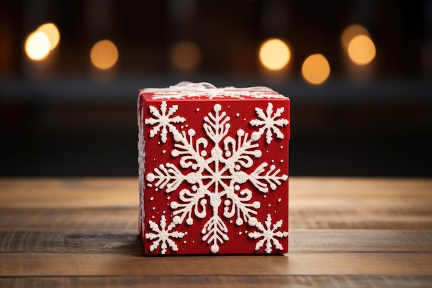 Une seule boîte enveloppée de rouge avec un motif de flocons de neige blancs