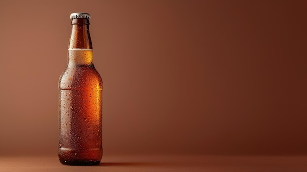 Une seule bouteille de bière avec de la condensation sur un fond brun chaud