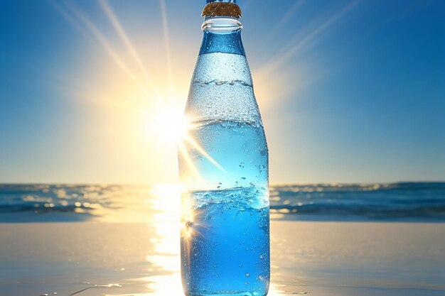 Photo une seule bouteille d'eau gazeuse éclairée par un soleil éclatant planant au-dessus d'un bleu éclatant