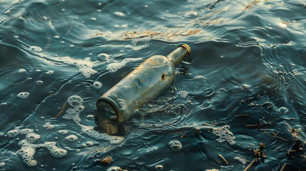 Photo une seule bouteille de verre flotte dans l'océan la bouteille est vieille et sale et l'eau est trouble et polluée