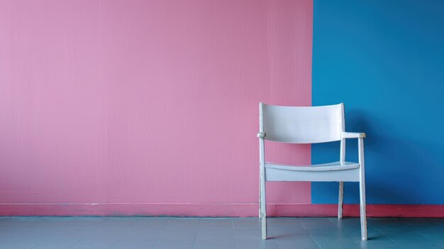 Une seule chaise blanche contre un mur rose et bleu Photographie de design d'intérieur minimaliste