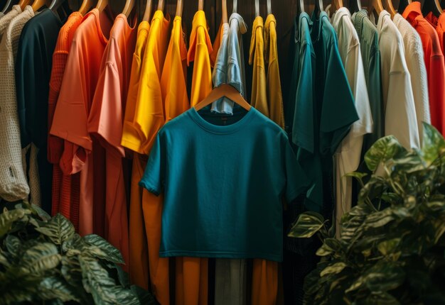 Photo une seule chemise verte accrochée à une corde à linge avec un fond flou de vêtements de différentes couleurs