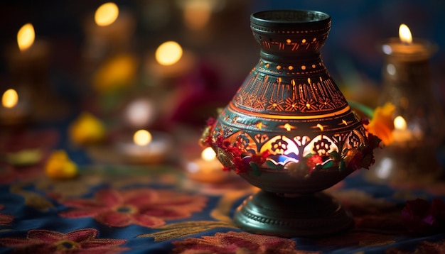 une seule et élégante lampe traditionnelle pakistanaise allumée dans une pièce faiblement éclairée