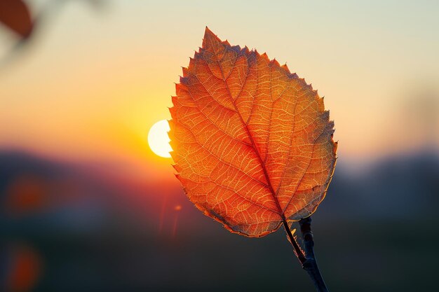 Une seule feuille d'automne éclairée par le coucher du soleil symbolisant le changement et la nature