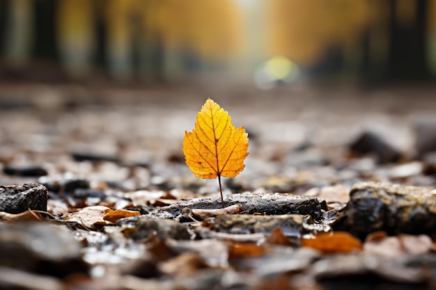 une seule feuille jaune repose sur le sol au milieu d'une forêt