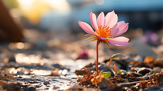 Photo une seule fleur multicolore sur la route vue rapprochée