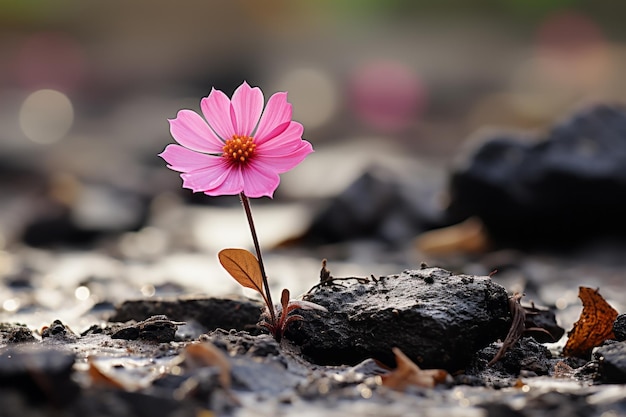 une seule fleur rose pousse hors du sol