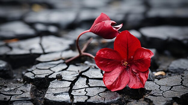 une seule fleur rouge sur une surface fissurée