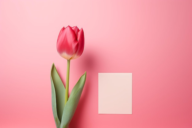 Une seule fleur de tulipes avec une carte blanche sur un fond rose