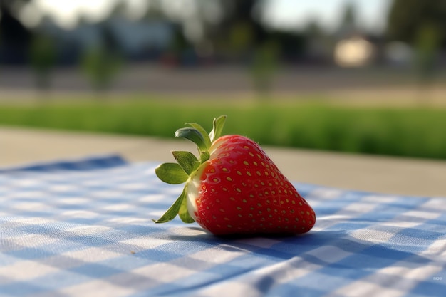 Photo une seule fraise succulente sur un pique-nique à carreaux