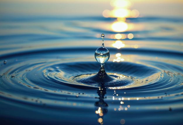 Une seule goutte d'eau repose délicatement sur la surface de l'eau calme.