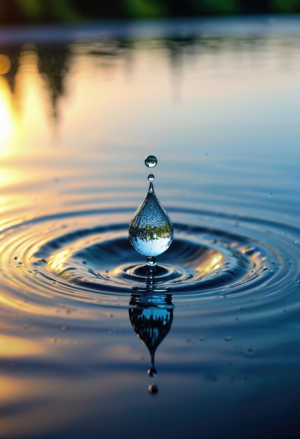 Une seule goutte d'eau repose délicatement sur la surface de l'eau calme.