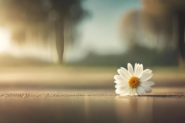 Une seule marguerite est allongée sur le sol devant un palmier.