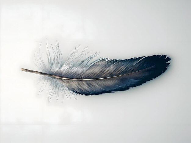 Une seule plume bleu foncé d'un oiseau isolée sur un fond blanc haute résolution