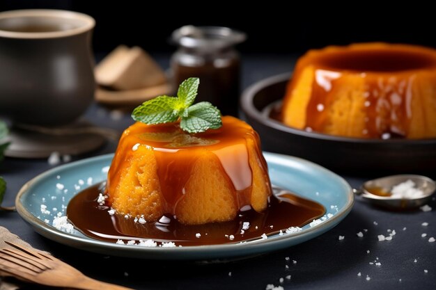 Une seule portion de flan au caramel avec un dessus de sucre caramélisé