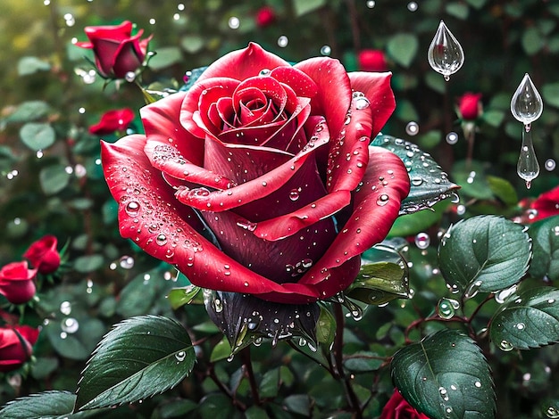 Une seule rose couverte de gouttes de rosée