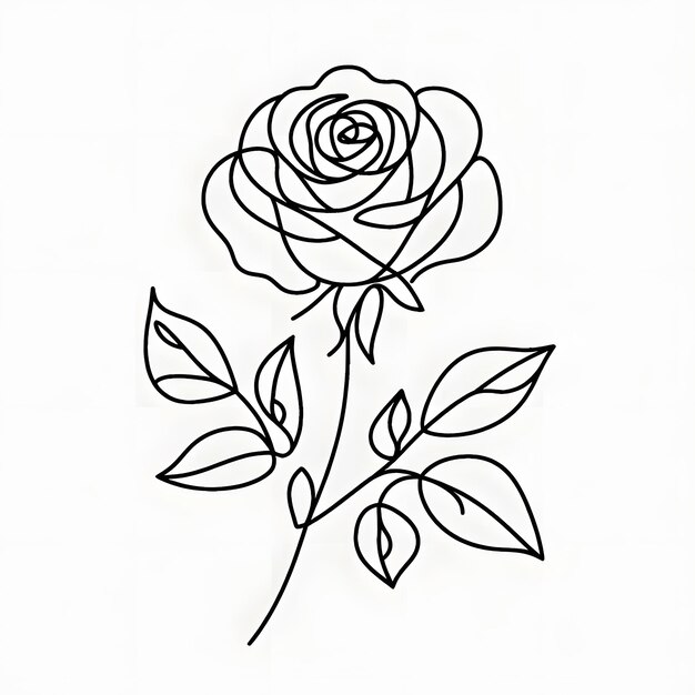 Photo une seule rose élégante avec une tige et des feuilles représentées dans un style de dessin en ligne continue