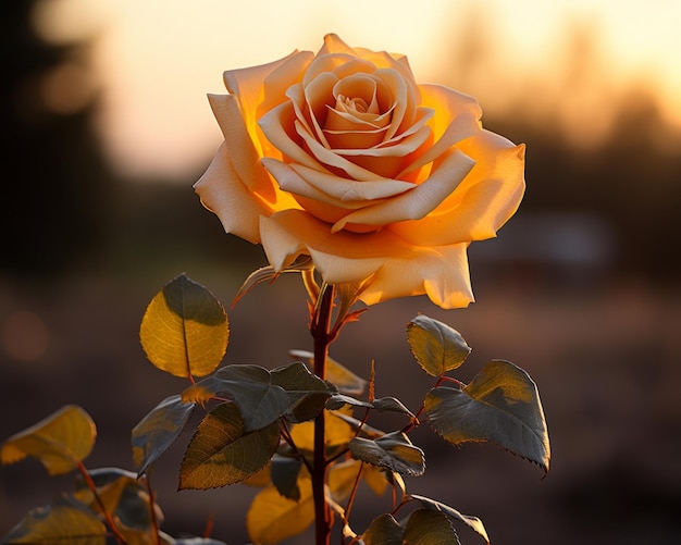 une seule rose jaune dans un champ au coucher du soleil