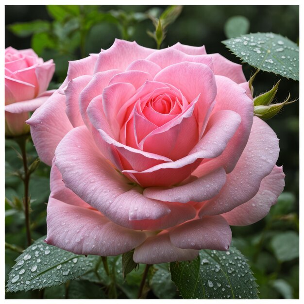 Une seule rose rose avec des feuilles et des tiges couvertes de rosée