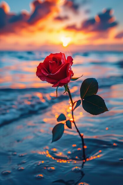 Une seule rose rouge dans l'eau au coucher du soleil