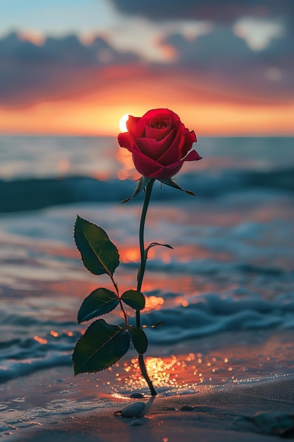 Une seule rose rouge est sur la plage au coucher du soleil