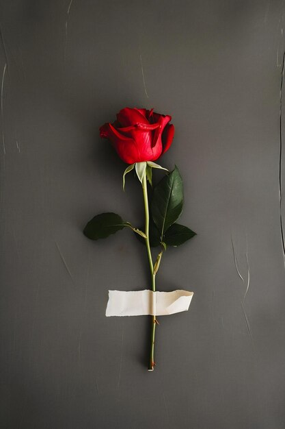 une seule rose rouge avec un morceau de papier collé dessus