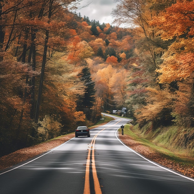 Une seule route droite au milieu d'une forêt colorée