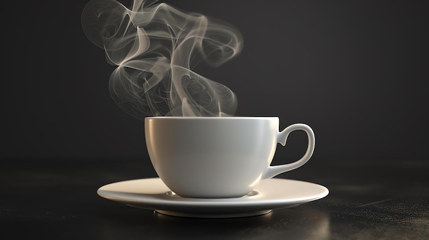 Photo une seule tasse de café en céramique blanche est posée sur une soucoupe sur une table sombre. la vapeur s'élève de la tasse en brindilles délicates.
