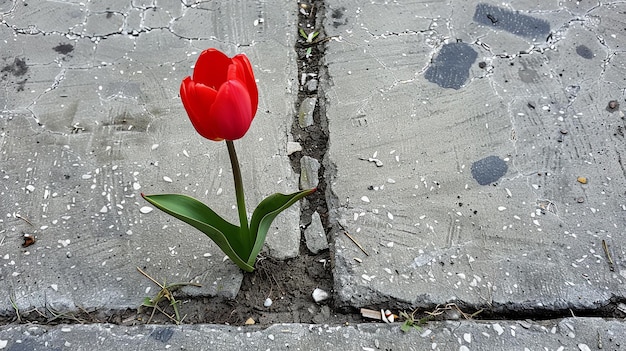 Une seule tulipe rouge poussant à travers une fissure dans le béton.